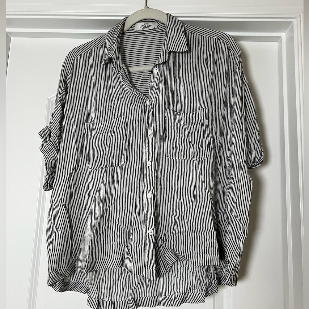 CJLA black & white striped short sleeve button up shirt